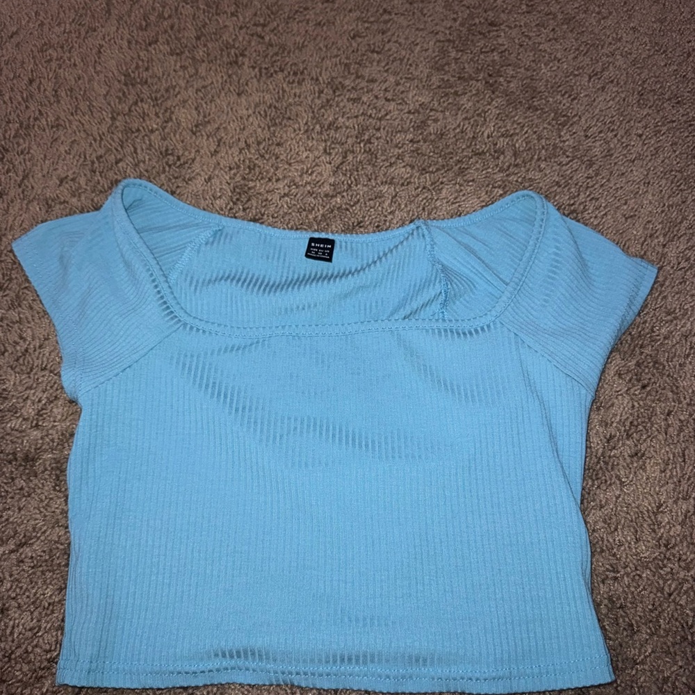 SHEIN Blue Ribbed Cap Sleeve Crop Blouse